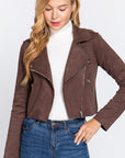 Long Slv Biker Faux Suede Short Jacket