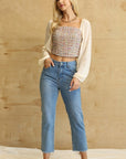 Tweed Bodice And Chiffon Square Top With Back Zipper
