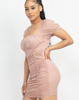 Ruched Square Neck Mesh Sleeve Dress