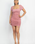 Ruched Square Neck Mesh Sleeve Dress