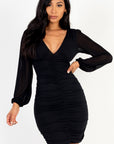 Ruched mesh long sleeve v-neck mini dress