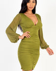 Ruched mesh long sleeve v-neck mini dress