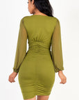 Ruched mesh long sleeve v-neck mini dress