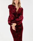 Flower Patch Flocked Velvet Fitted Midi Dress With Puff Sleeves