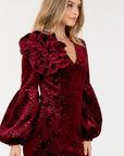 Flower Patch Flocked Velvet Fitted Midi Dress With Puff Sleeves