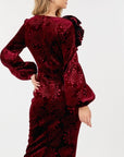 Flower Patch Flocked Velvet Fitted Midi Dress With Puff Sleeves