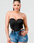 Luxe sweetheart ruffled drawstring lace bustier top