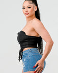Luxe sweetheart ruffled drawstring lace bustier top