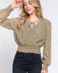Surplice Smocked Print Chiffon Blouse