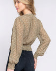 Surplice Smocked Print Chiffon Blouse