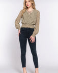 Surplice Smocked Print Chiffon Blouse