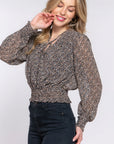 Surplice Smocked Print Chiffon Blouse