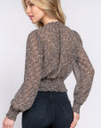 Surplice Smocked Print Chiffon Blouse