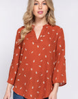 3/4 Roll Up Slv V-neck Print Blouse