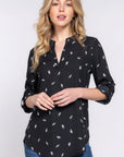 3/4 Roll Up Slv V-neck Print Blouse