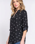 3/4 Roll Up Slv V-neck Print Blouse