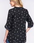 3/4 Roll Up Slv V-neck Print Blouse