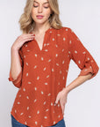 3/4 Roll Up Slv V-neck Print Blouse
