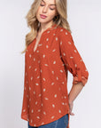 3/4 Roll Up Slv V-neck Print Blouse