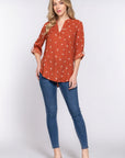 3/4 Roll Up Slv V-neck Print Blouse