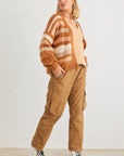 Camel Striped Crochet Knit Two Pocket Open Front Cardigan