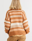Camel Striped Crochet Knit Two Pocket Open Front Cardigan