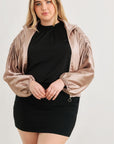 Plus Satin Zip-up Ruched Long Sleeve Cropped Bomber Jacket