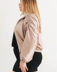 Plus Satin Zip-up Ruched Long Sleeve Cropped Bomber Jacket