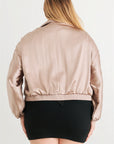 Plus Satin Zip-up Ruched Long Sleeve Cropped Bomber Jacket