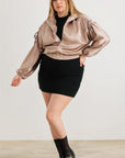 Plus Satin Zip-up Ruched Long Sleeve Cropped Bomber Jacket