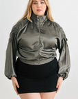 Plus Satin Zip-up Ruched Long Sleeve Cropped Bomber Jacket