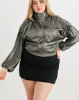 Plus Satin Zip-up Ruched Long Sleeve Cropped Bomber Jacket