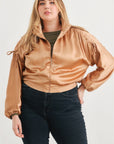 Plus Satin Zip-up Ruched Long Sleeve Cropped Bomber Jacket