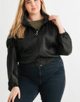 Plus Satin Zip-up Ruched Long Sleeve Cropped Bomber Jacket