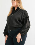 Plus Satin Zip-up Ruched Long Sleeve Cropped Bomber Jacket