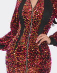 Midi 2 Way Zip Up Sequin Contrast Dress