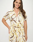 Plus Chain Belt Print Short Sleeve Wrap Tie Dress