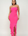 Solid Bottom Ruffle Trim Hem Slit Tube Maxi Dress