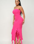 Solid Bottom Ruffle Trim Hem Slit Tube Maxi Dress