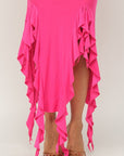 Solid Bottom Ruffle Trim Hem Slit Tube Maxi Dress