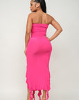Solid Bottom Ruffle Trim Hem Slit Tube Maxi Dress