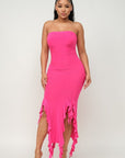 Solid Bottom Ruffle Trim Hem Slit Tube Maxi Dress