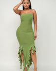 Solid Bottom Ruffle Trim Hem Slit Tube Maxi Dress