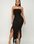 Solid Bottom Ruffle Trim Hem Slit Tube Maxi Dress