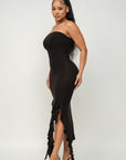 Solid Bottom Ruffle Trim Hem Slit Tube Maxi Dress