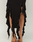 Solid Bottom Ruffle Trim Hem Slit Tube Maxi Dress