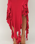 Solid Bottom Ruffle Trim Hem Slit Tube Maxi Dress