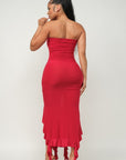 Solid Bottom Ruffle Trim Hem Slit Tube Maxi Dress