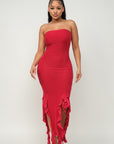 Solid Bottom Ruffle Trim Hem Slit Tube Maxi Dress