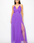 Pleated Mesh Slit Maxi Dress
